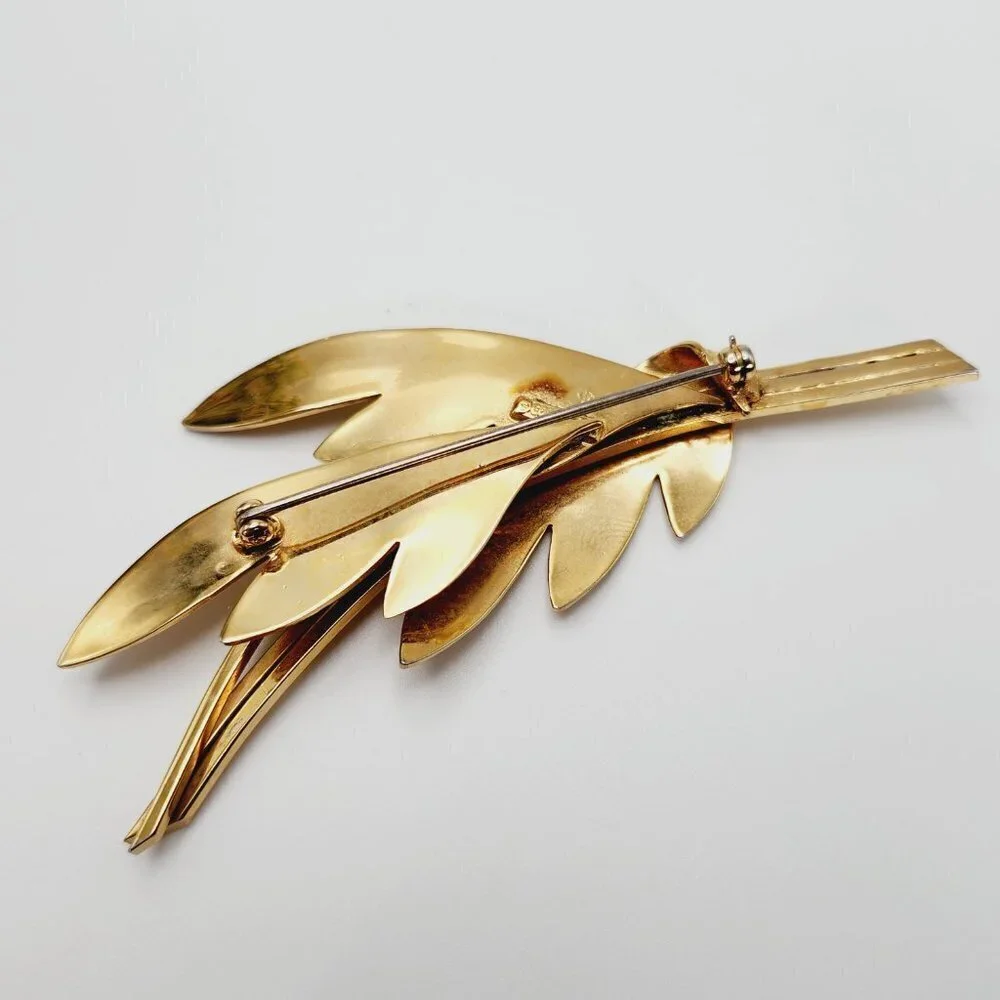 Vintage Corocraft Leaves Branch Floral Lattice Modernist Gold Plated Brooch